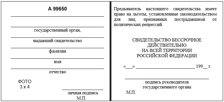 Форма свидетельства о праве на льготы для лиц, пострадавших от политических репрессий